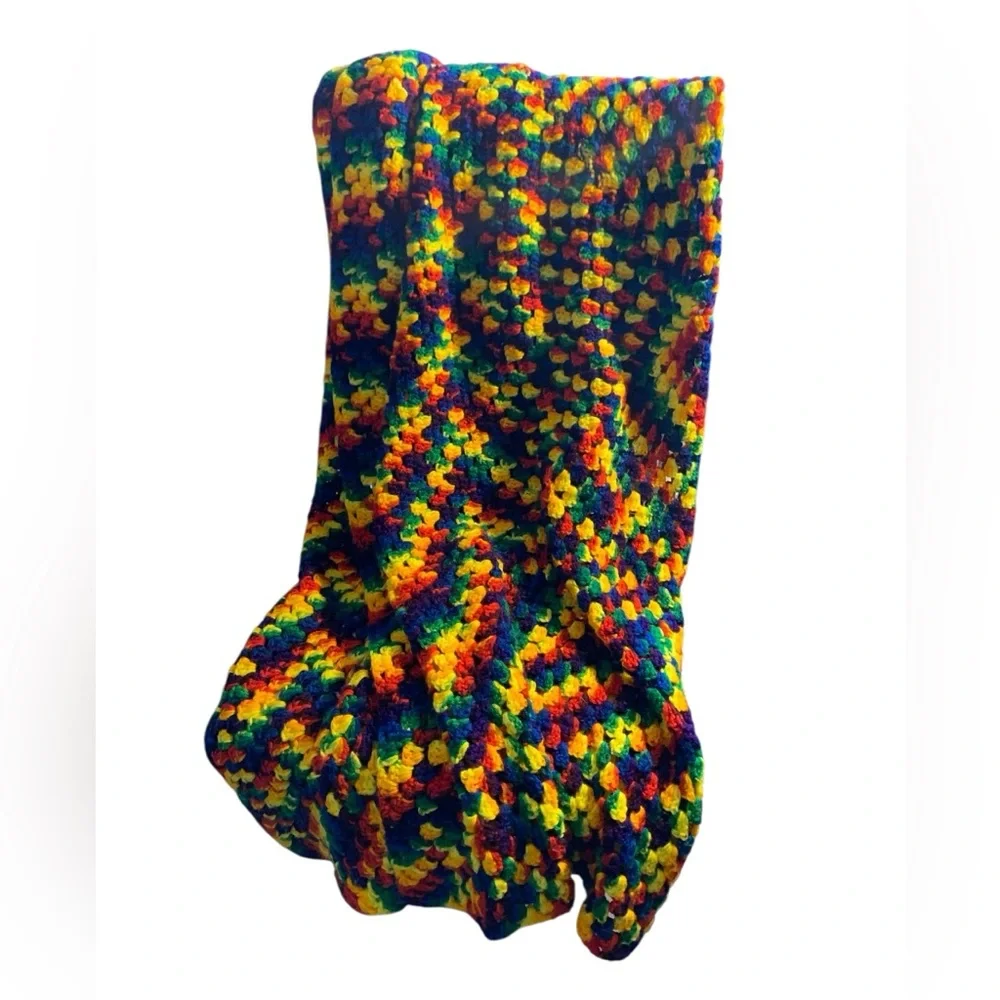 Hand Made Crochet Afghan Throw Blanket Granny fun rainbow pattern Sz 60”x60”